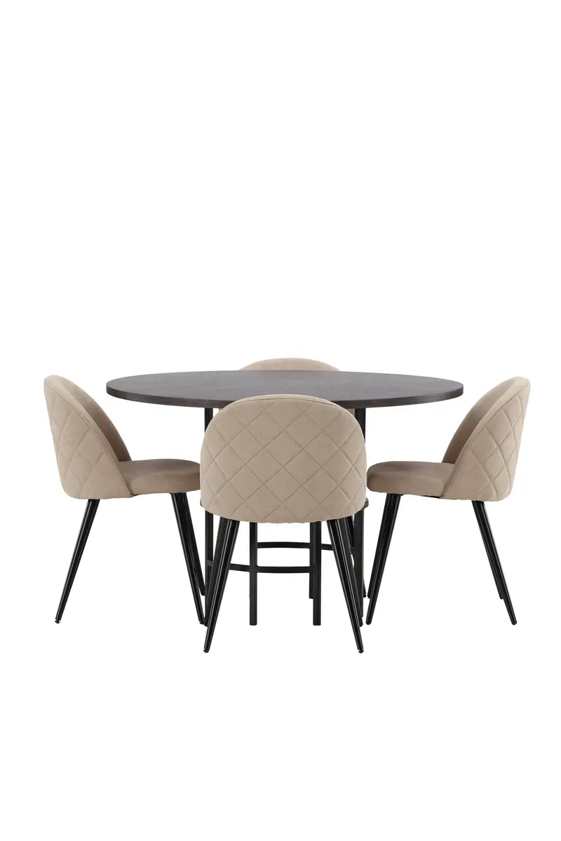 Copenhagen rundes Essgruppen Set Ø 115 cm mit brauner Tischplatte und 4 beigen Esszimmerstühlen