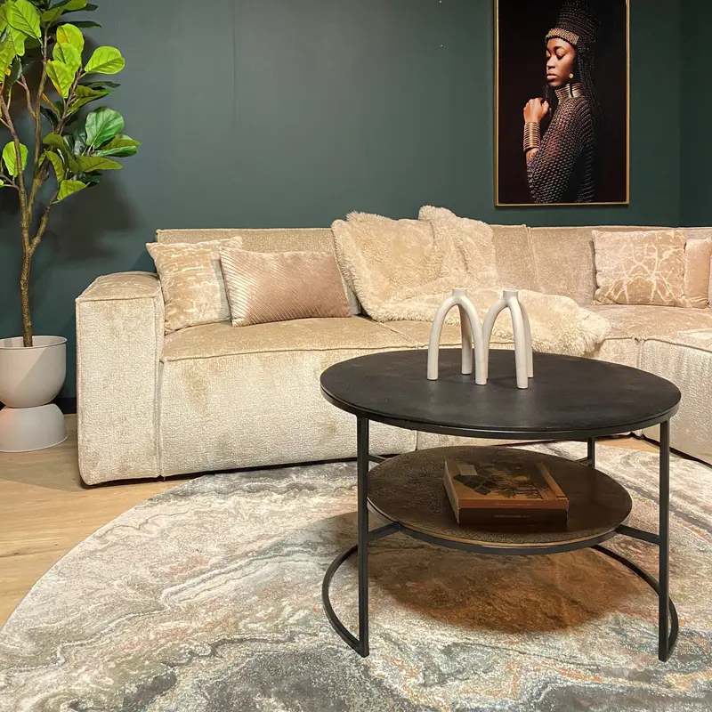 Couchtisch – Aluminium Platten, Schwarz/Gold Finish, Eisen Gestell – Lecia | Starfurn