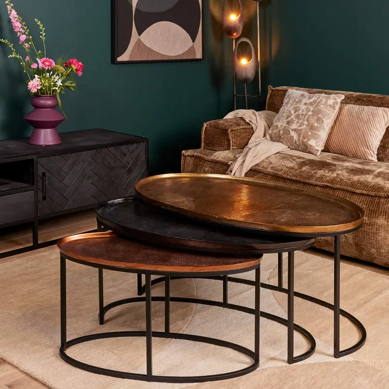 Couchtisch – Aluminium Tischplatten, Eisen Gestell, Ovales Design – Raley | Starfurn