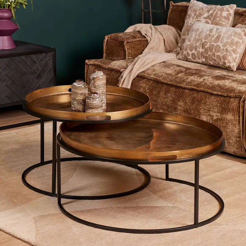 Couchtisch-Set – Aluminium, Goldoptik, Schwarzgestell - Puck | Starfurn