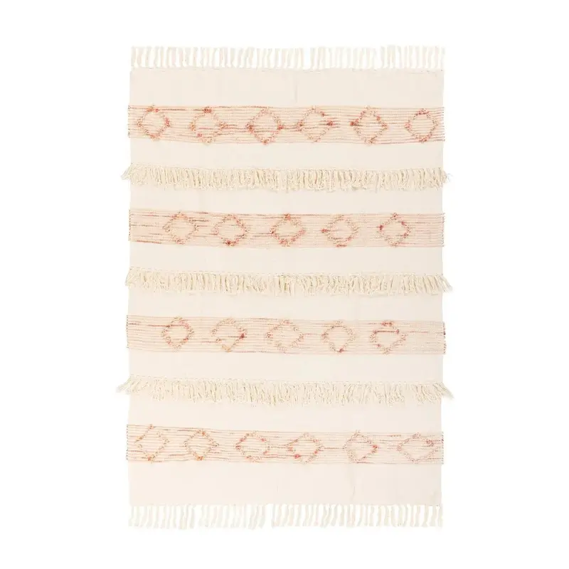 Decke – Rosa Cremefarbene Wolle, Handgewebte Qualität, Authentischer Boho-Stil - Bohist 225 | Kayoom