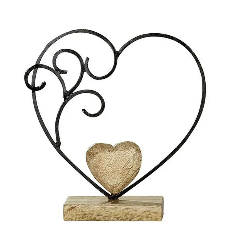 Deko Aufsteller Herz schwarzes Metall mit Holzherz 19cm, Motiv Ast, schwarz