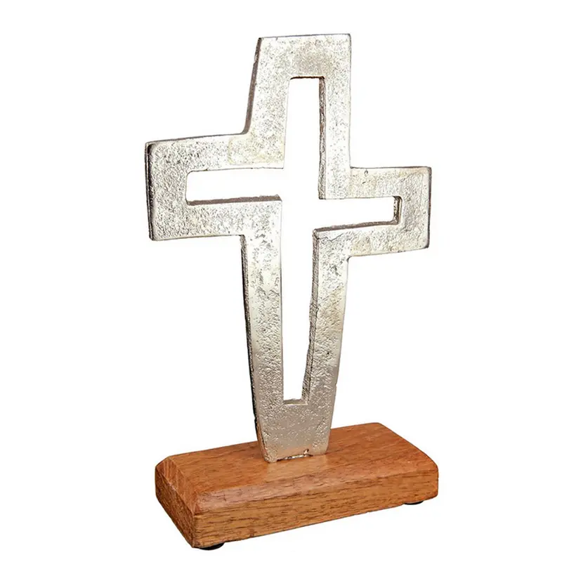 Deko Kreuz modern aus silbernem Metall auf Holzsockel 17cm