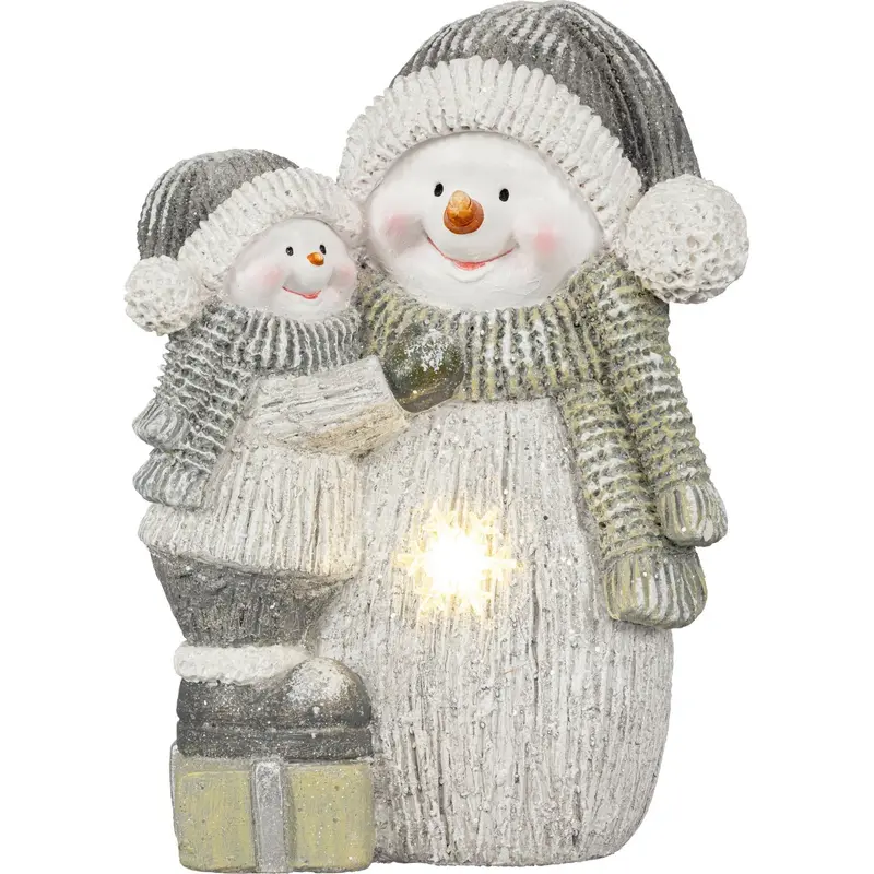 Dekofigur "Schneemann mit Kind, mit LED und Timer, 39 cm
