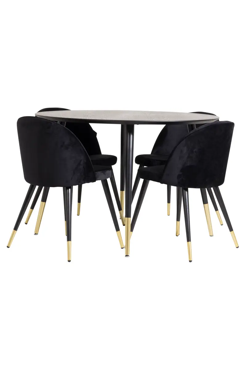 Dipp Essgruppe mit hellem Esstisch 115 x 79,5 cm und 4 schwarzen Samtstühlen mit goldfarbenen Beinen