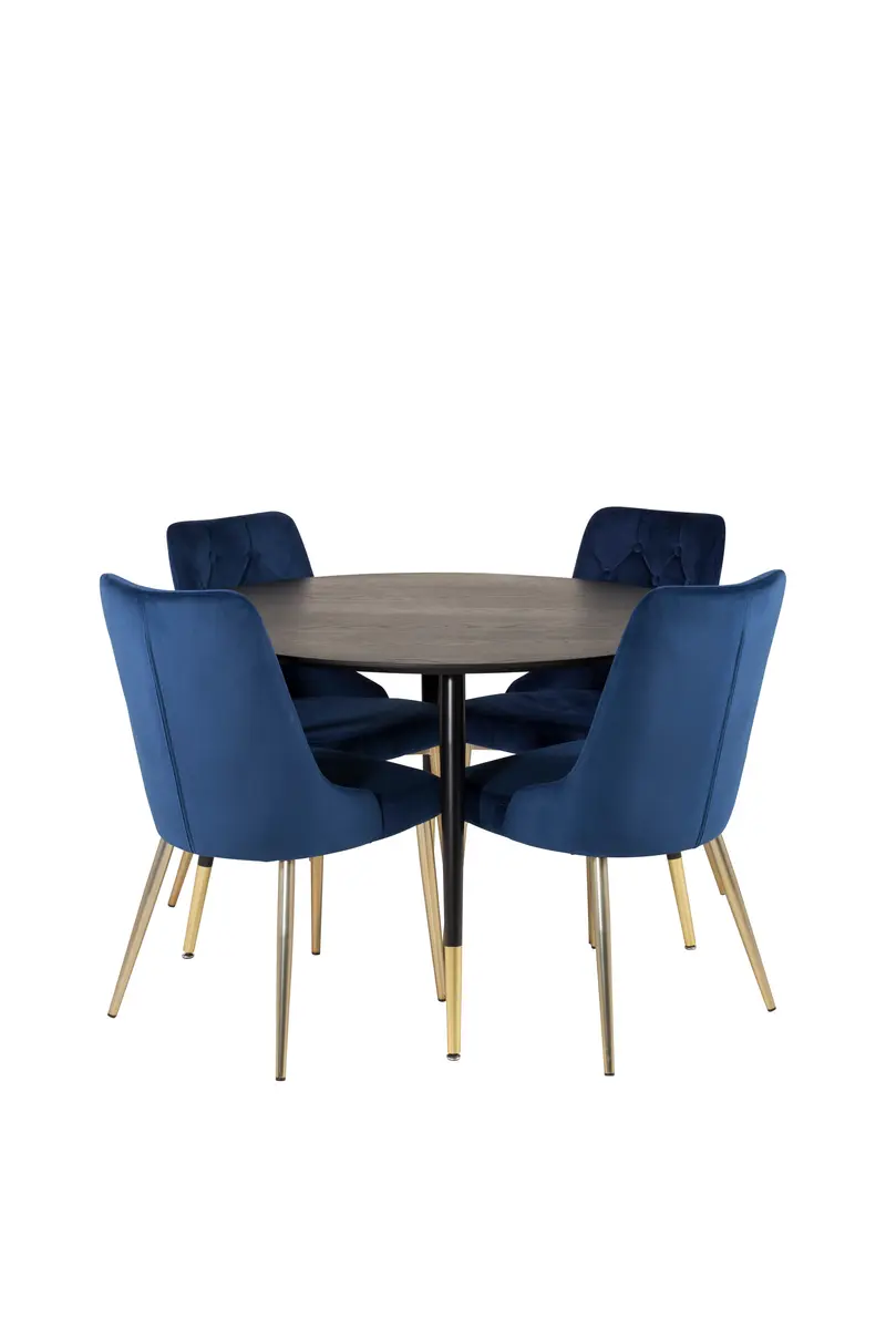 Dipp Essgruppe rund mit schwarzem Esstisch 115 cm und 4 blauen Velvet Stühlen
