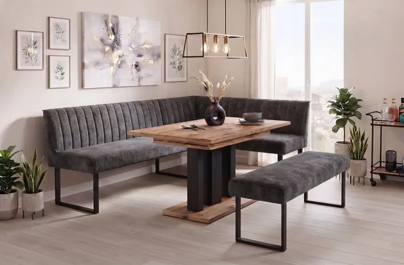 Eckbank-Sitzbankgruppe Appia - Eiche Artisan mit Eckbank und Sitzbank in Chenille Dunkelgrau - Lange Seite links