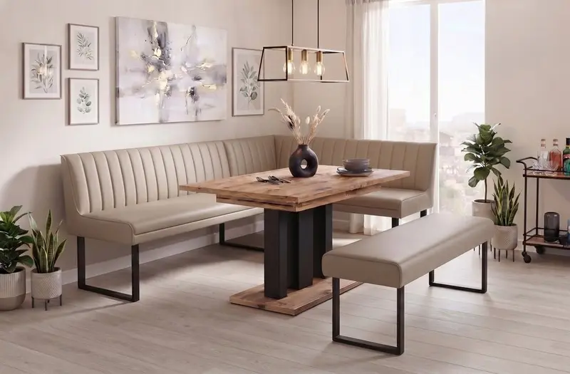 Eckbank-Sitzbankgruppe Appia - Eiche Artisan mit Eckbank und Sitzbank in Kunstleder Beige - Lange Seite links