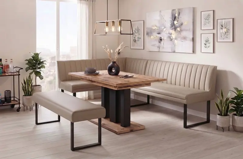 Eckbank-Sitzbankgruppe Appia - Eiche Artisan mit Eckbank und Sitzbank in Kunstleder Beige - Lange Seite rechts