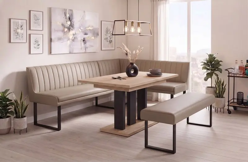 Eckbank-Sitzbankgruppe Appia - Eiche Cremona mit Eckbank und Sitzbank in Kunstleder Beige - Lange Seite links