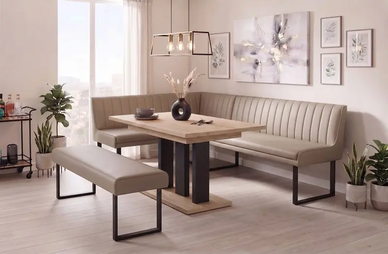 Eckbank-Sitzbankgruppe Appia - Eiche Cremona mit Eckbank und Sitzbank in Kunstleder Beige - Lange Seite rechts