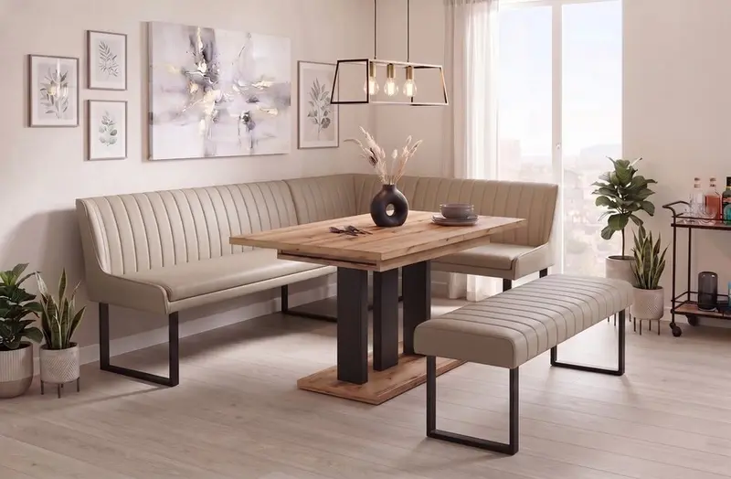 Eckbank-Sitzbankgruppe Appia - Eiche Evoke mit Eckbank und Sitzbank in Kunstleder Beige - Lange Seite links