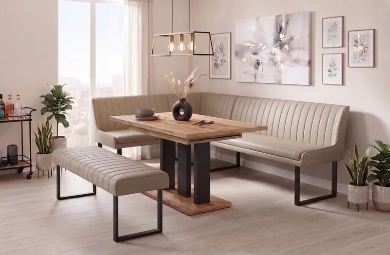Eckbank-Sitzbankgruppe Appia - Eiche Evoke mit Eckbank und Sitzbank in Kunstleder Beige - Lange Seite rechts