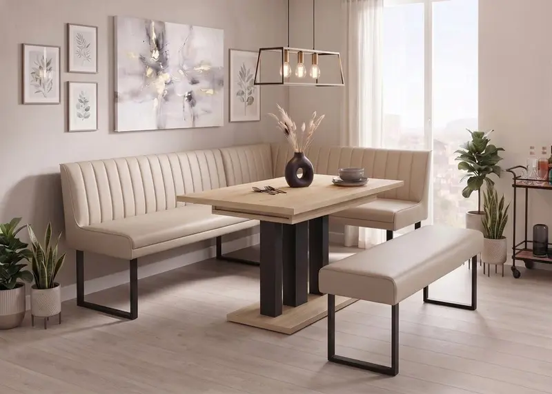 Eckbank-Sitzbankgruppe Appia - Eiche Natur mit Eckbank und Sitzbank in Kunstleder Beige - Lange Seite links