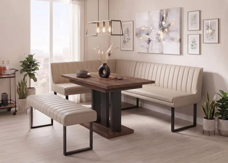 Eckbank-Sitzbankgruppe Appia - Eiche Stirling mit Eckbank und Sitzbank in Kunstleder Beige - Lange Seite rechts