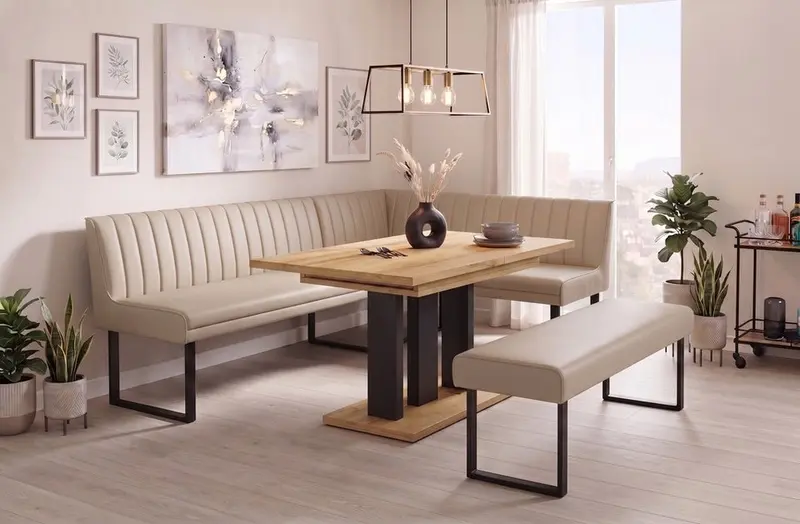 Eckbank-Sitzbankgruppe Appia - Eiche Wotan mit Eckbank und Sitzbank in Kunstleder Beige - Lange Seite links