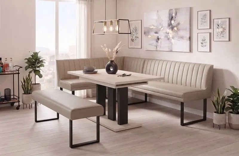 Eckbank-Sitzbankgruppe Appia - Kaschmir mit Eckbank und Sitzbank in Kunstleder Beige - Lange Seite rechts