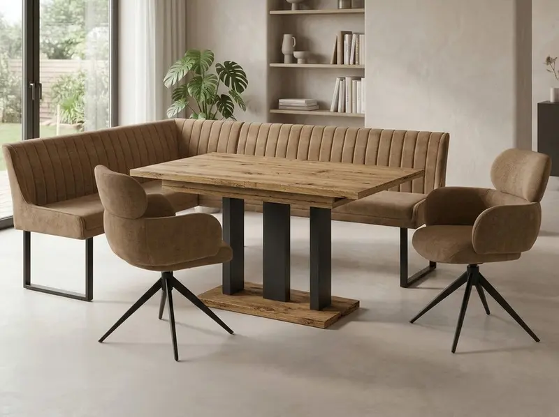 Eckbankgruppe Appia - Eiche Artisan mit 2 Drehstühlen in Hellbraun - Lange Seite rechts, Rücken Variante 2