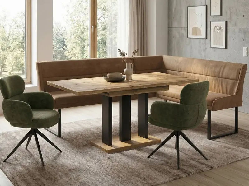 Eckbankgruppe Appia - Eiche Artisan mit 2 Drehstühlen in Hellbraun / Olivgrün - Lange Seite links, Rücken Variante 1