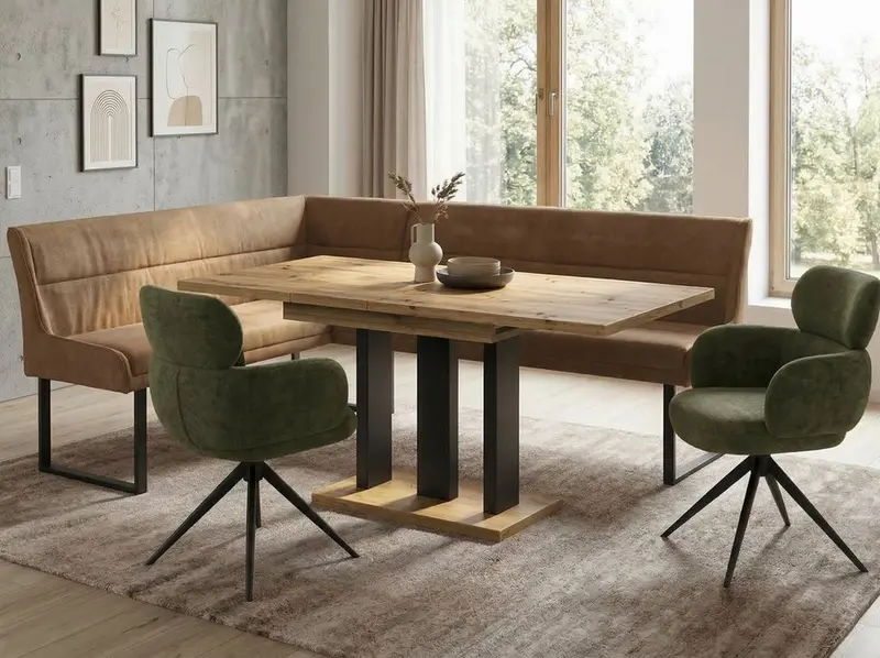 Eckbankgruppe Appia - Eiche Artisan mit 2 Drehstühlen in Hellbraun / Olivgrün - Lange Seite rechts, Rücken Variante 1