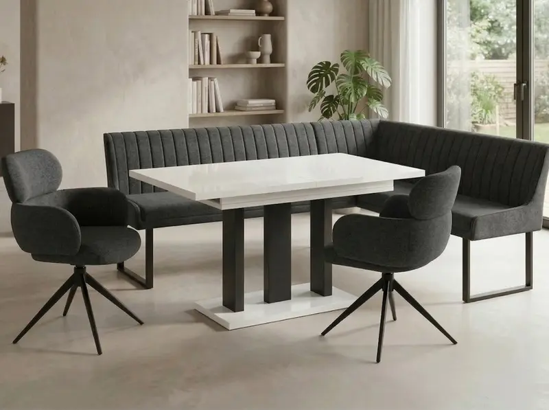 Eckbankgruppe Appia - Kaschmir / Beige mit 2 Drehstühlen in Anthrazit - Lange Seite links, Rücken Variante 2