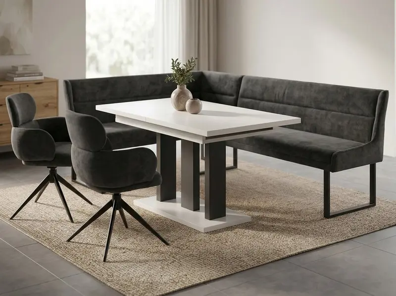 Eckbankgruppe Appia - Kaschmir / Beige mit 2 Drehstühlen in Anthrazit - Lange Seite rechts, Rücken Variante 1