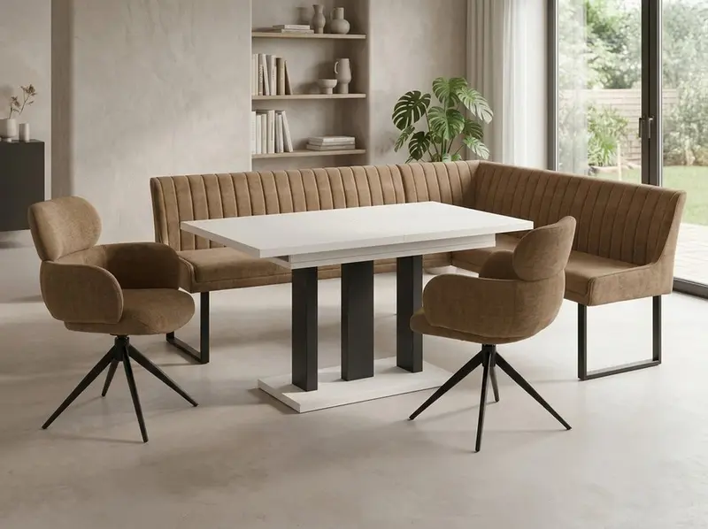 Eckbankgruppe Appia - Kaschmir / Beige mit 2 Drehstühlen in Hellbraun - Lange Seite links, Rücken Variante 2