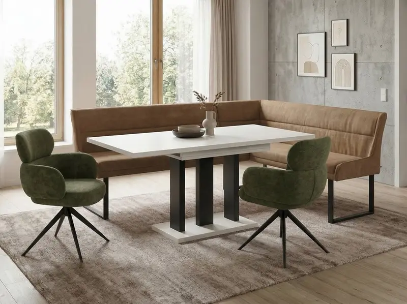 Eckbankgruppe Appia - Kaschmir / Beige mit 2 Drehstühlen in Hellbraun / Olivgrün - Lange Seite links, Rücken Variante 2