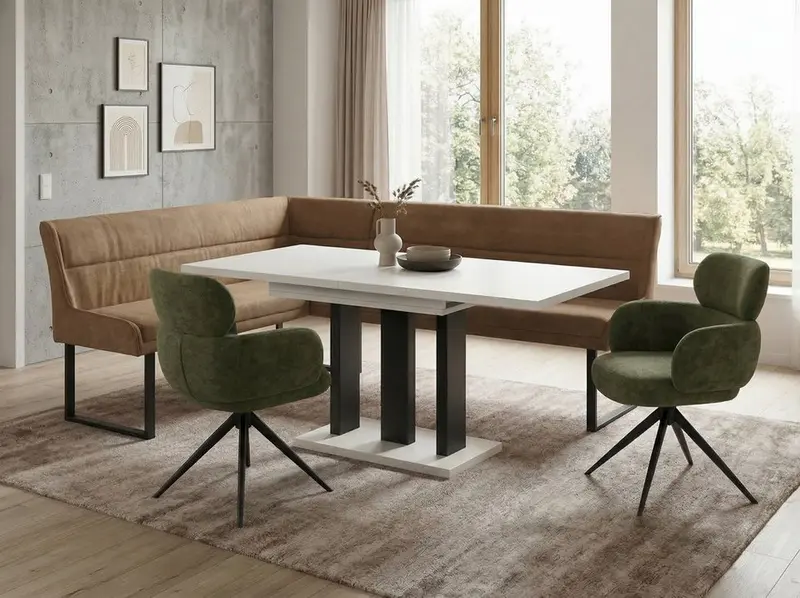 Eckbankgruppe Appia - Kaschmir / Beige mit 2 Drehstühlen in Hellbraun / Olivgrün - Lange Seite rechts, Rücken Variante 1