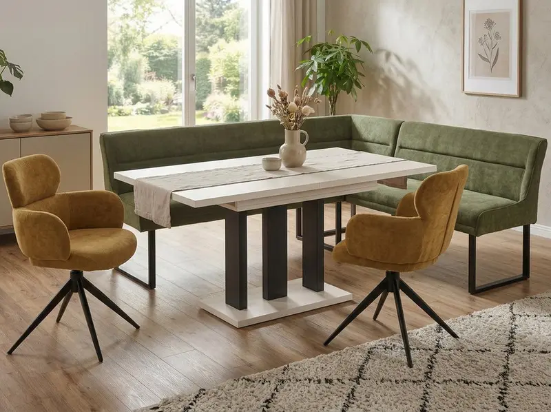 Eckbankgruppe Appia - Kaschmir / Beige mit 2 Drehstühlen in Olivgrün / Gelb - Lange Seite links, Rücken Variante 2