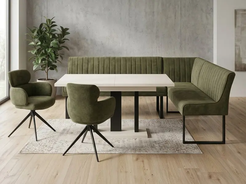 Eckbankgruppe Appia - Kaschmir / Beige mit 2 Drehstühlen in Olivgrün - Lange Seite links, Rücken Variante 2