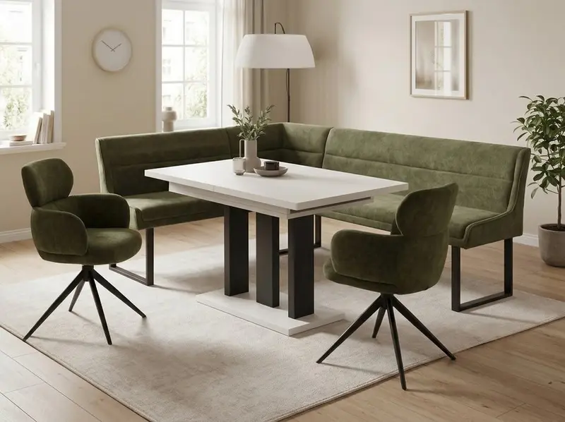 Eckbankgruppe Appia - Kaschmir / Beige mit 2 Drehstühlen in Olivgrün - Lange Seite rechts, Rücken Variante 1