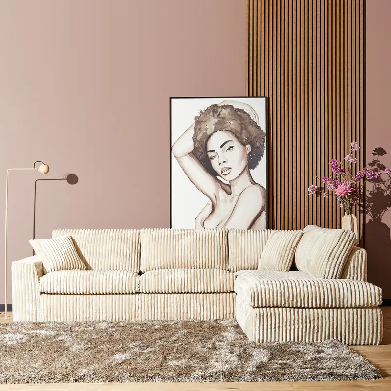 Ecksofa – Beige Stoff, Breite Rippenstruktur, Rechte Ottomane – Teddy | Starfurn