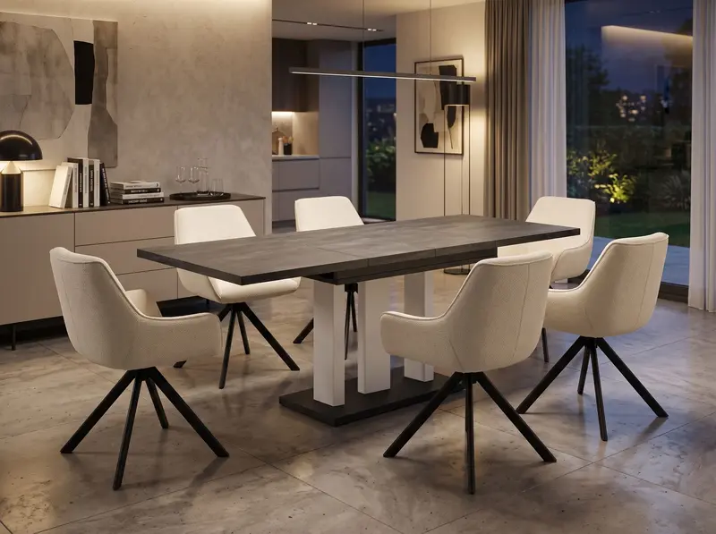 Essgruppe Appia White - Beton Dunkel mit 6 Stühlen in Chenille Cremeweiß für 6 Personen