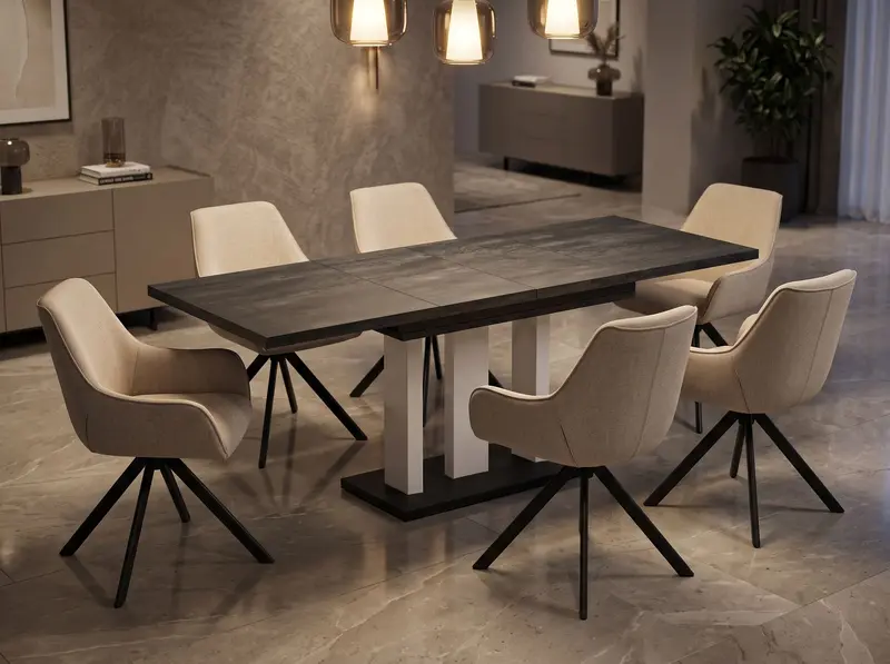 Essgruppe Appia White - Beton Dunkel mit 6 Stühlen in Leinen Beige für 6 Personen