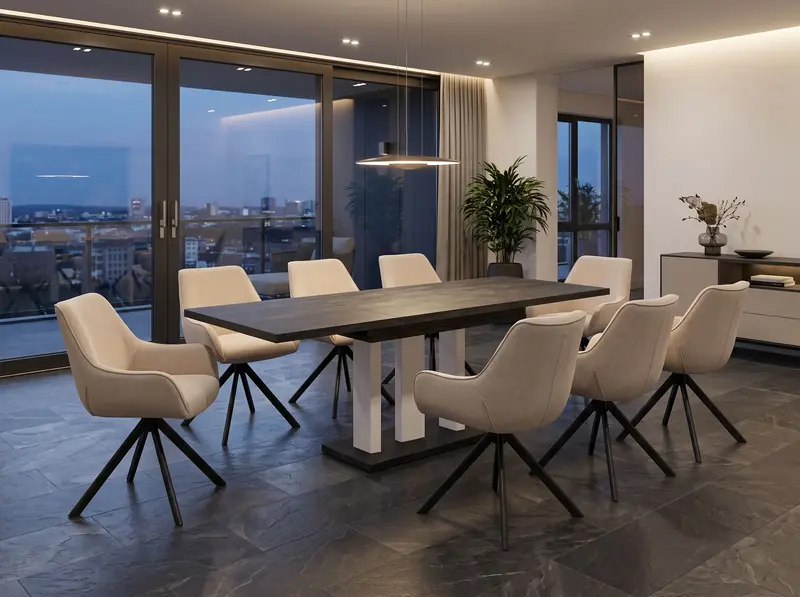 Essgruppe Appia White - Beton Dunkel mit 8 Stühlen in Leinen Beige für 8 Personen