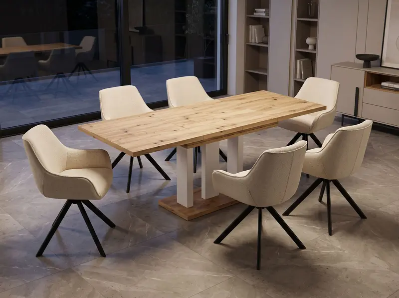 Essgruppe Appia White - Eiche Artisan mit 6 Stühlen in Chenille Cremeweiß für 6 Personen