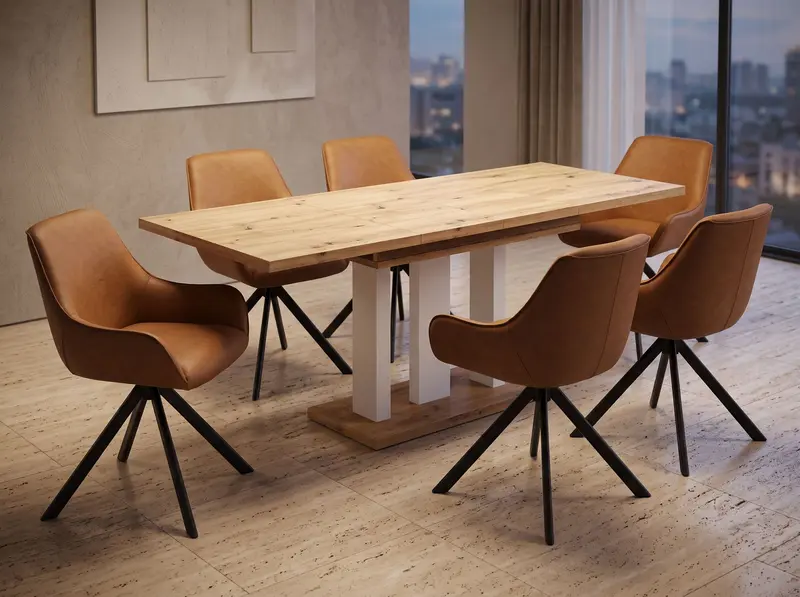Essgruppe Appia White - Eiche Artisan mit 6 Stühlen in Kunstleder Braun für 6 Personen