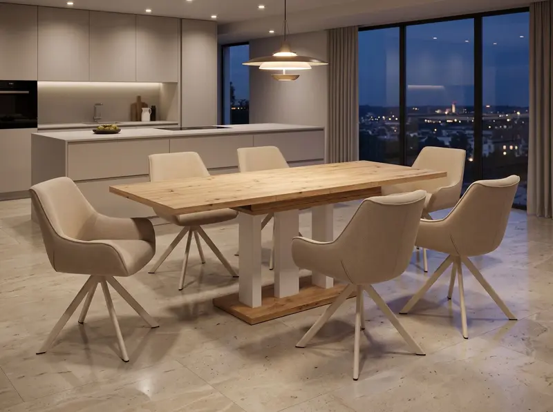 Essgruppe Appia White - Eiche Artisan mit 6 Stühlen in Leinen Beige mit beigem Gestell für 6 Personen