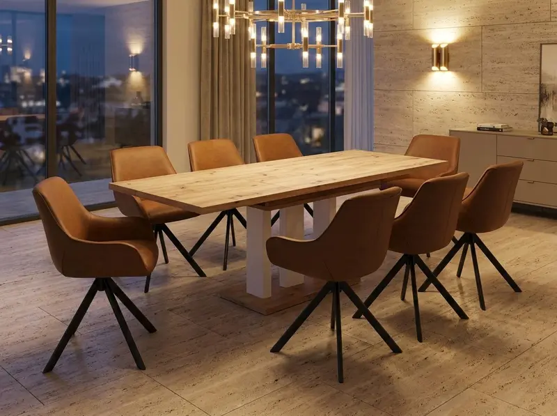 Essgruppe Appia White - Eiche Artisan mit 8 Stühlen in Kunstleder Braun für 8 Personen