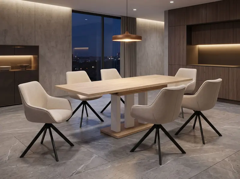 Essgruppe Appia White - Eiche Cremona mit 6 Stühlen in Leinen Beige für 6 Personen