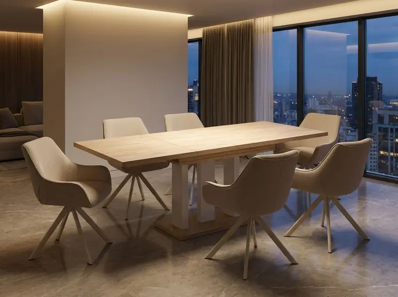 Essgruppe Appia White - Eiche Cremona mit 6 Stühlen in Leinen Beige mit beigem Gestell für 6 Personen