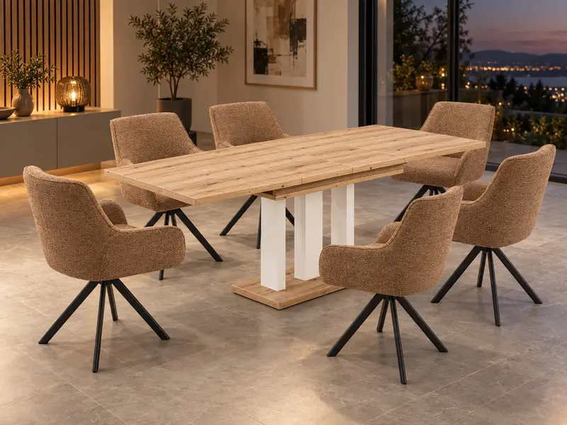 Essgruppe Appia White - Eiche Evoke mit 6 Stühlen in Chenille Orange für 6 Personen