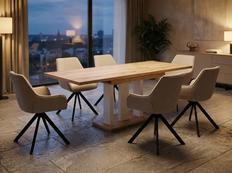 Essgruppe Appia White - Eiche Evoke mit 6 Stühlen in Leinen Beige für 6 Personen
