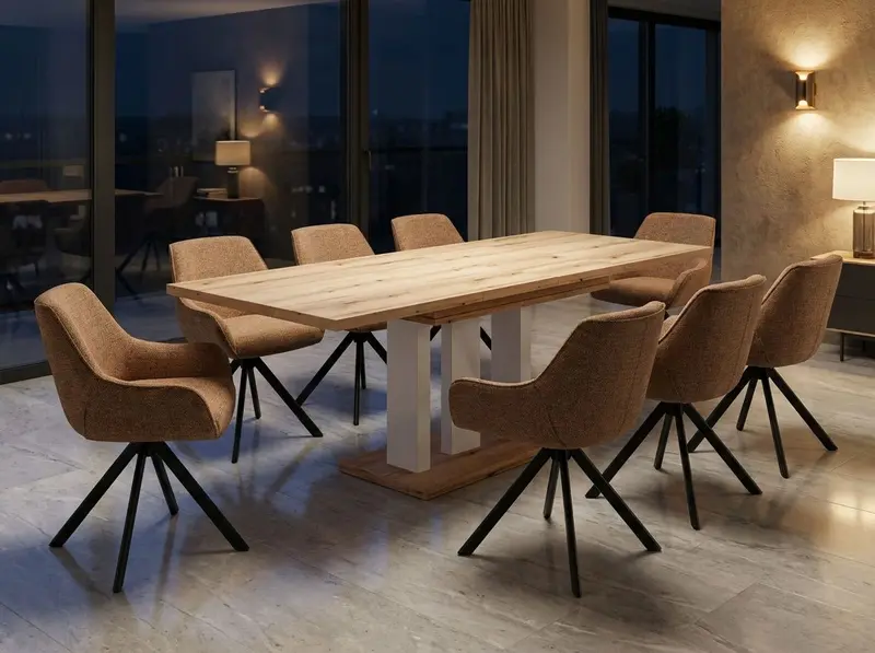 Essgruppe Appia White - Eiche Evoke mit 8 Stühlen in Chenille Orange für 8 Personen