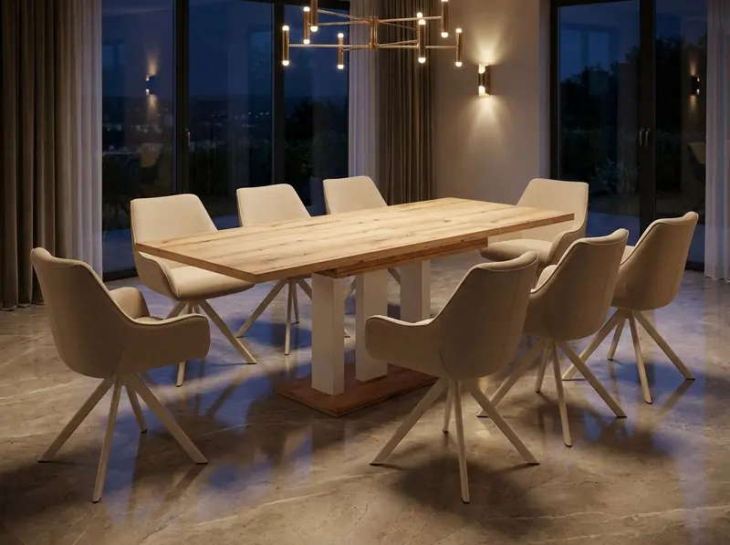 Essgruppe Appia White - Eiche Evoke mit 8 Stühlen in Leinen Beige mit beigem Gestell für 8 Personen