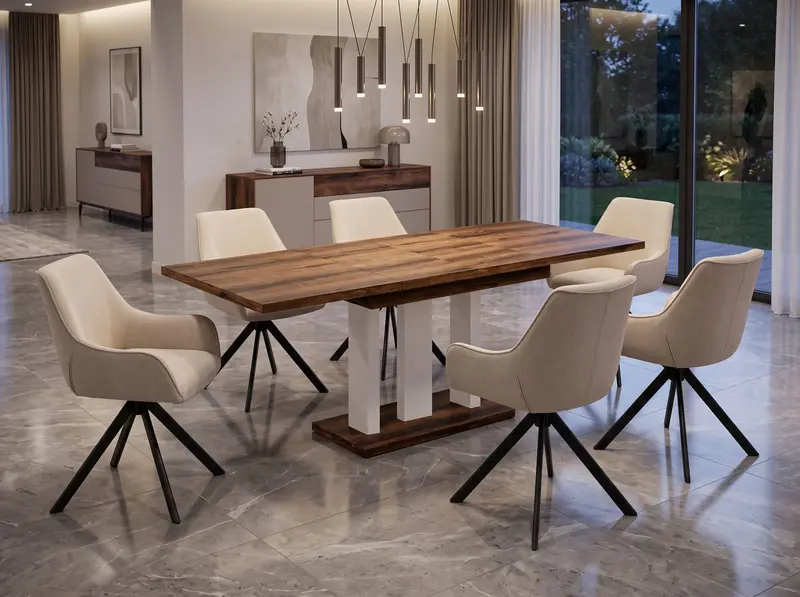Essgruppe Appia White - Eiche Monastery mit 6 Stühlen in Leinen Beige für 6 Personen