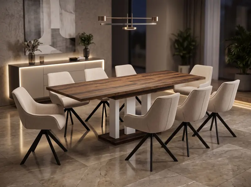 Essgruppe Appia White - Eiche Monastery mit 8 Stühlen in Leinen Beige für 8 Personen