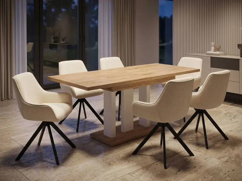 Essgruppe Appia White - Eiche Natur mit 6 Stühlen in Chenille Cremeweiß für 6 Personen