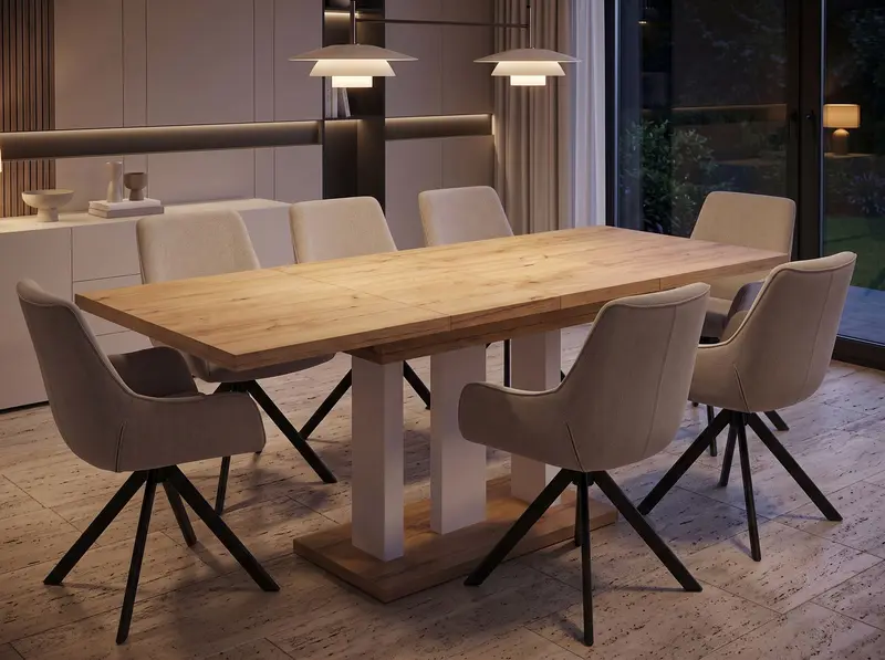Essgruppe Appia White - Eiche Natur mit 6 Stühlen in Leinen Beige für 6 Personen